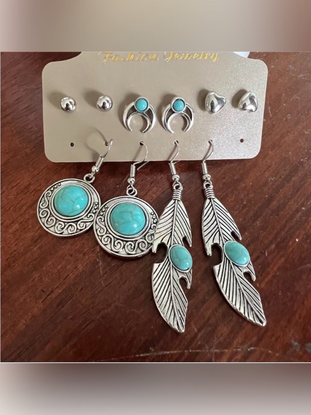 NWT Turquoise Silver Feather & Round Drop Earring Set